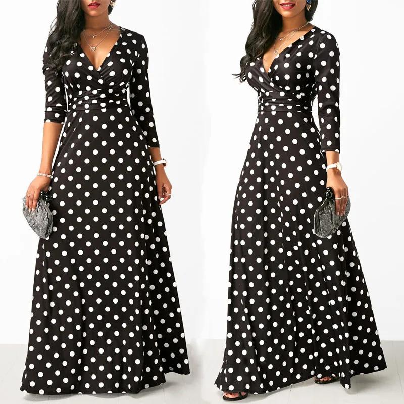 Women Maxi Long Dresses Bohemia V-neck Three Quarter Sleeve Dots Printing Ethnic Beach Female Stylish Style Dress